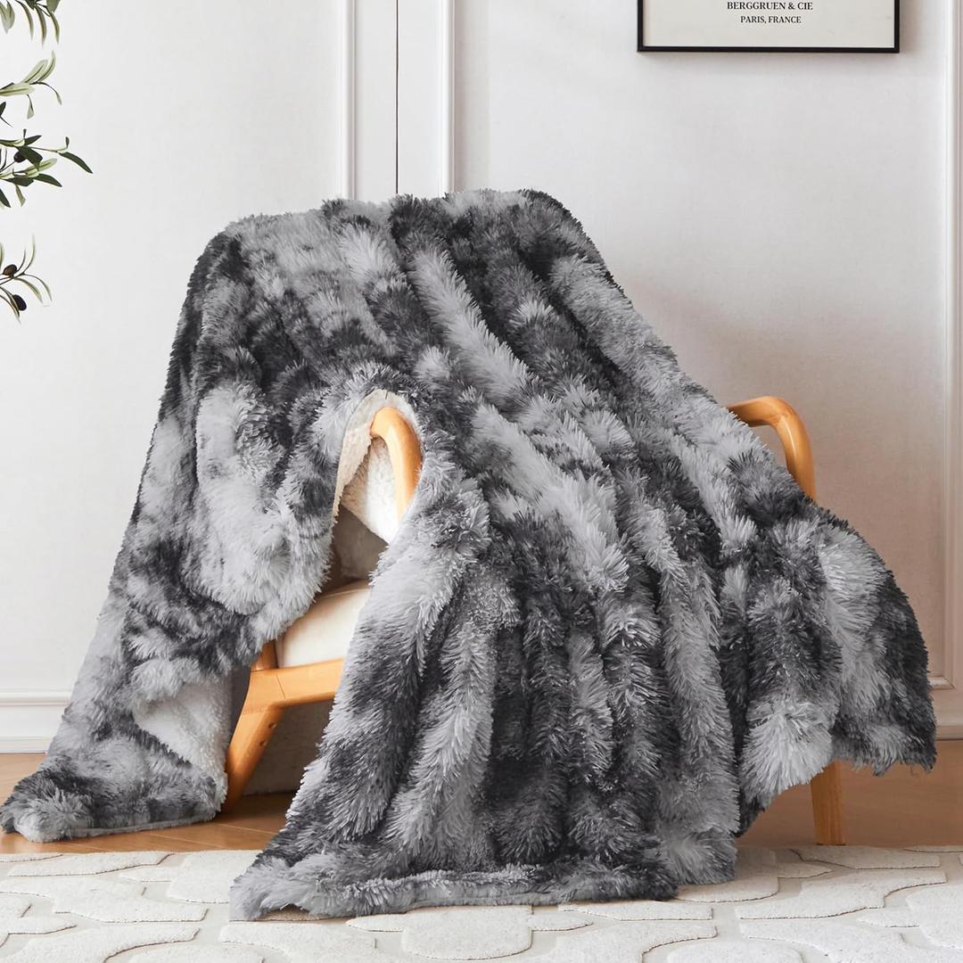 COOVA Ultra Soft Faux Fur Twin Blanket  Fuzzy Fluffy Cozy Microfiber Blankets, Warm Thick Plush Sherpa Fleece Throw Blanket for Couch,Bed,Sofa,Ideal Gift for Women.(Tie Dye Grey, 60"x80")