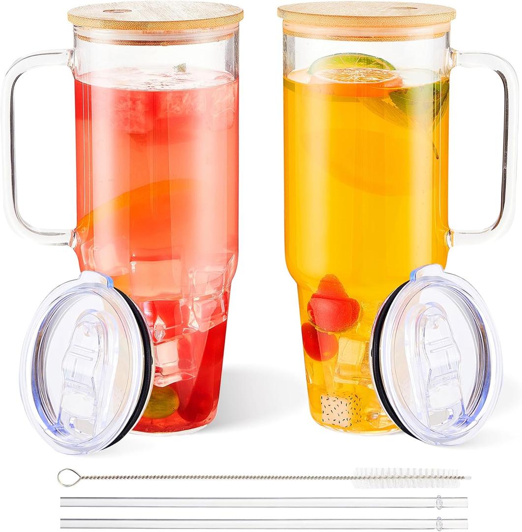 2 Pack Glass Cups with Lids and Straws Large 40 oz Glass Tumbler with Handle Clear Reusable Iced Coffee Cups, with Bamboo Lid & Plastic Lid, BPA Free, Wide Mouth for Hot/Cold Drinks