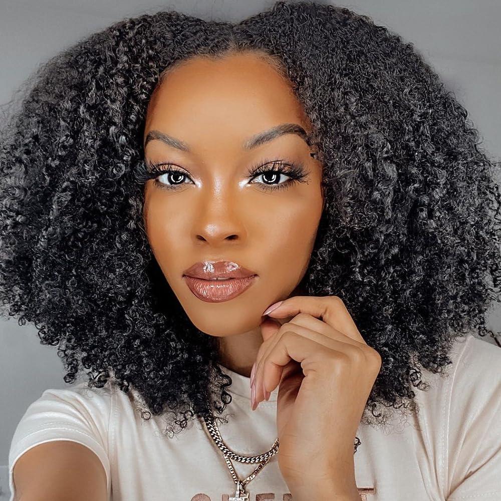 V Part Wig Human Hair Afro Kinky Curly Wig No Leave Out Brazilian Human Hair Wig For Black Women Beginner Friendly 200% Density Upgrade U Part Kinky Curly Wigs 18Inch
