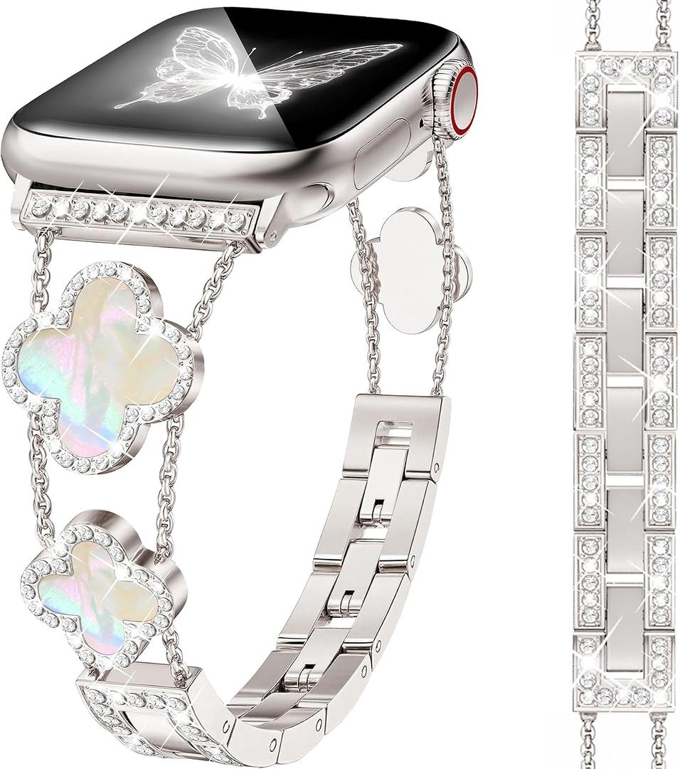 MOINSPIRE Starlight Bling Diamond Clover Band Women Compatible with Apple Watch 40mm 38mm 41mm 42mm(S10/11) Lucky Cute Sparkle Dressy Bracelet Metal Strap for iWatch Series 11/10/9/8/7/6/5/4/SE 3/2/1