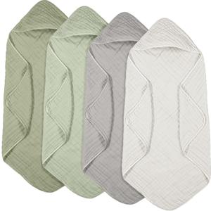 Peryiter 4 Pcs Muslin Hooded Baby Towels, 32"x 32" Cotton Newborn Bath Towel Muslin Infant Baby Blankets Absorbent Unisex Newborn Registry Gift Essentials for Girls Boys (Green, Gray, Beige)