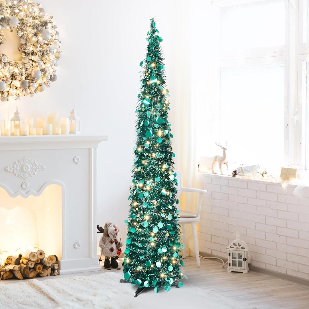 5FT Pop Up Tinsel Christmas Tree with Lights, Collapsible Pencil Xmas Trees with Round Sequins Reusable for Fireplace Home Office Indoor Holiday Party Decoration, Peacock Blue
