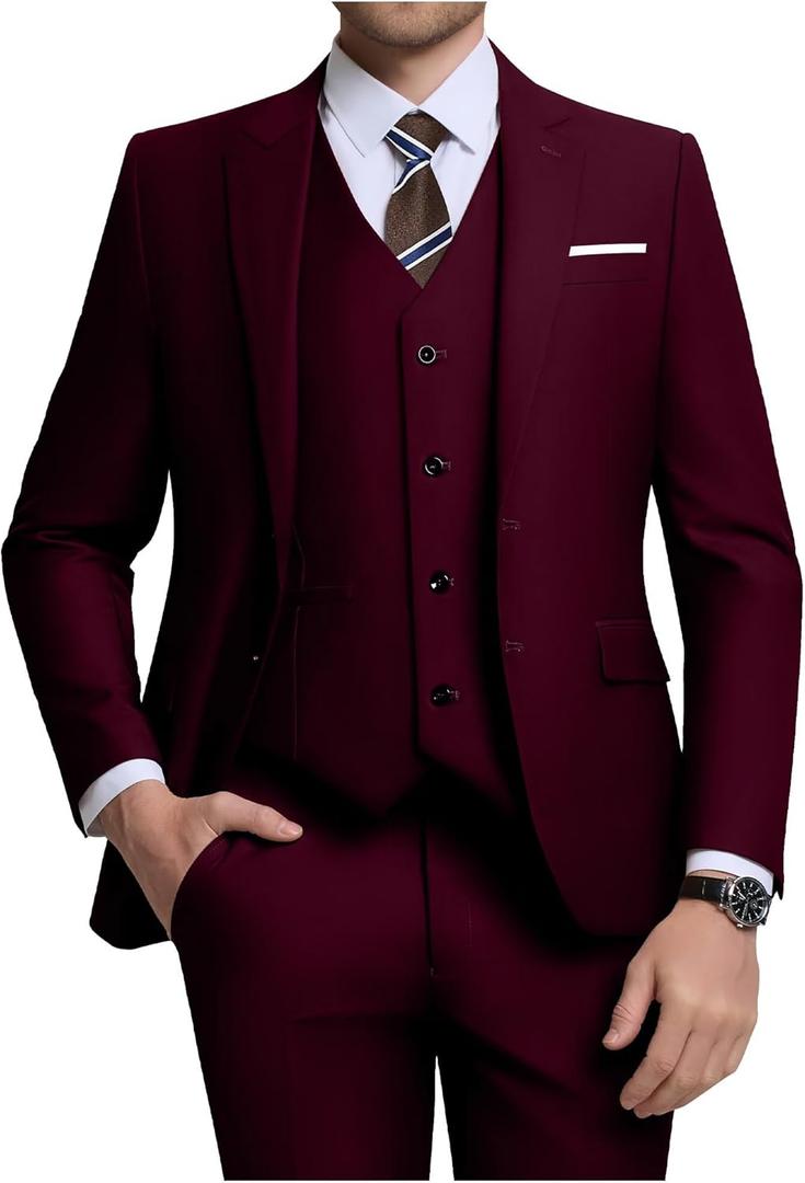 Men's 3 Piece Slim Fit Suit Set, Two Button Blazer Solid Jacket Vest Pants Wedding Business Suit, Medium, Burgundy