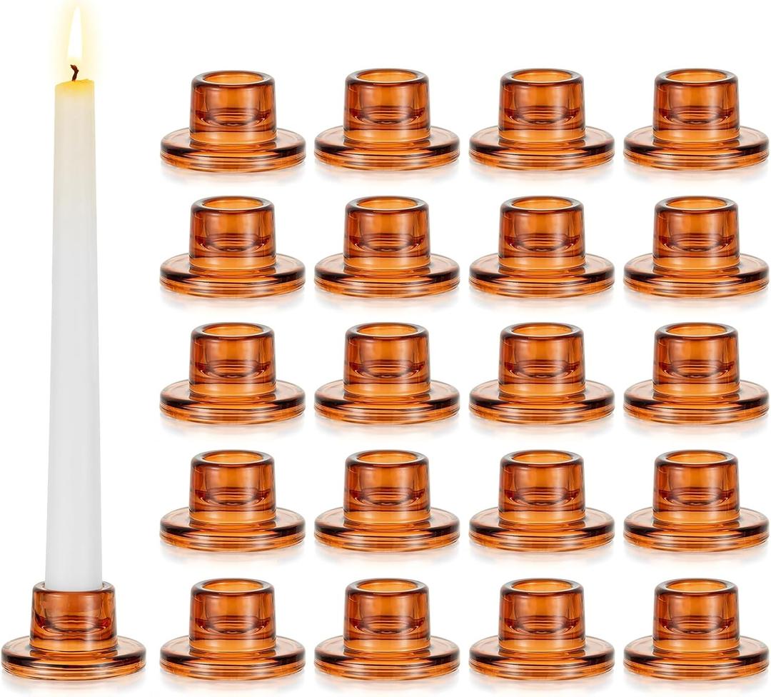 Glasseam Glass Tapered Candlestick Holders: 20Pcs Small Taper Candle Holders Bulk Amber Candle Stick Holder Decor Short for Table Centerpiece Thanksgiving Fall Dining Party Decor Christmas