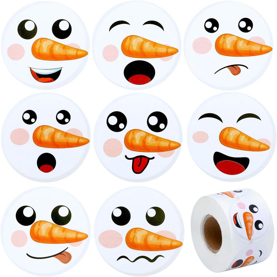 Happy Snowman Stickers Christmas Stickers Cute Snowman Face Stickers Round Snowman Face with Carrot Nose Stickers Roll Sticker Set for Christmas Decor (500)