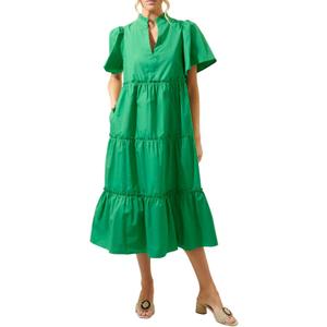Women's V Neck Tiered Midi Dress Casual Short Sleeve Ruffle Flowy Summer Beach Vacation Long Dress (Green)