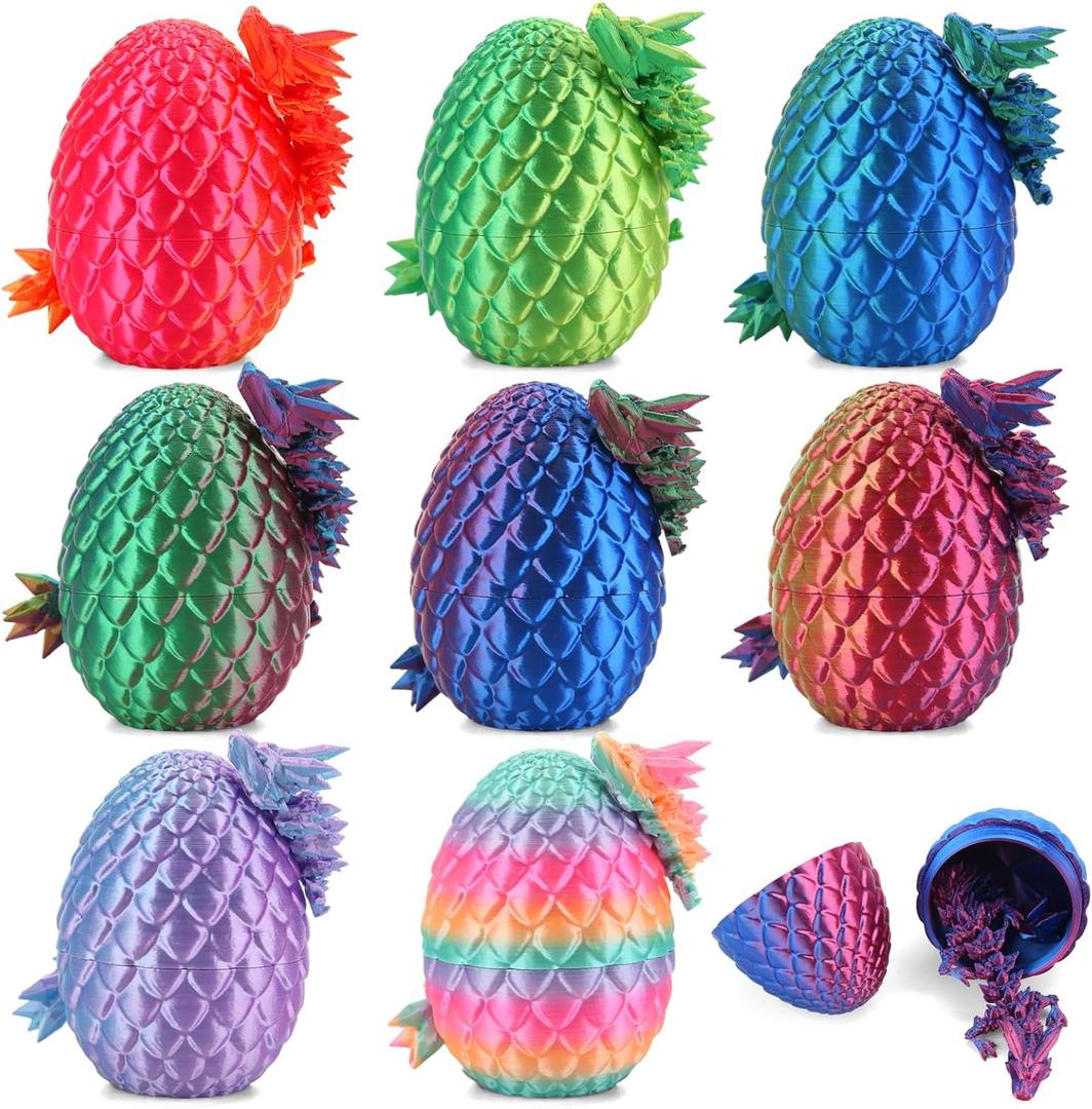 8 Pcs 3D Printed Dragon Eggs, Crystal Animals Dinosaur Egg Fidget Toys Stocking Stuffers for Teen Boys Kids Toddler Bulk Gifts for Girls 4-6 5-7 8-12 Mini Animals Figurines for Easter Decorations