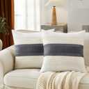 Soft Cotton Boho Throw Pillow Covers Set of 2, Natural White/Contrast Charcoal 22x22 Inch, Grey Farmhouse Decorative Cushion Covers for Sofa Bed Living Room Home Decor