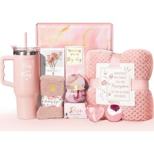 Birthday Gifts for Women Self Care Get Well Soon Gifts, Rose Relaxing Spa Bath Gift Basket Care Package w/ Flannel Blanket 40 OZ Tumbler, Mother's Day Gift for Mom Her Wife Girlfriend Grandma Sister
