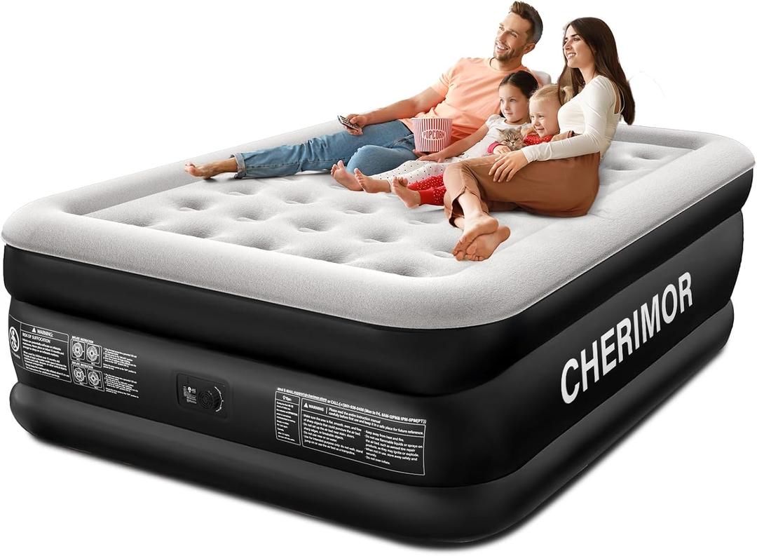 CHERIMOR Queen Air Mattress with Built-in Pump, 18" Raised Comfort, 48Hr Leak-Proof Test, Upgraded Honeycomb Pillar Design, Supports 800 lbs, 3-Min Inflation-Inflatable Bed for Home Guests & Camping, Black, Queen 18in