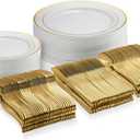125 Piece Gold Dinnerware Party Set - 50 Gold Rim Plastic Plates, 25 Dinner 25 Dessert Plates, 25 Knives, 25 Forks, 25 Spoons - 25 Guest Disposable Set for Wedding Birthday Parties