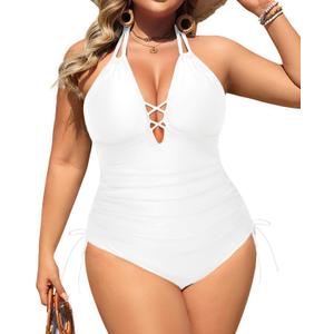 Aqua Eve Plus Size Swimsuits One Piece Bathing Suit for Women Tummy Control Sexy Halter Swimwear White, 16W