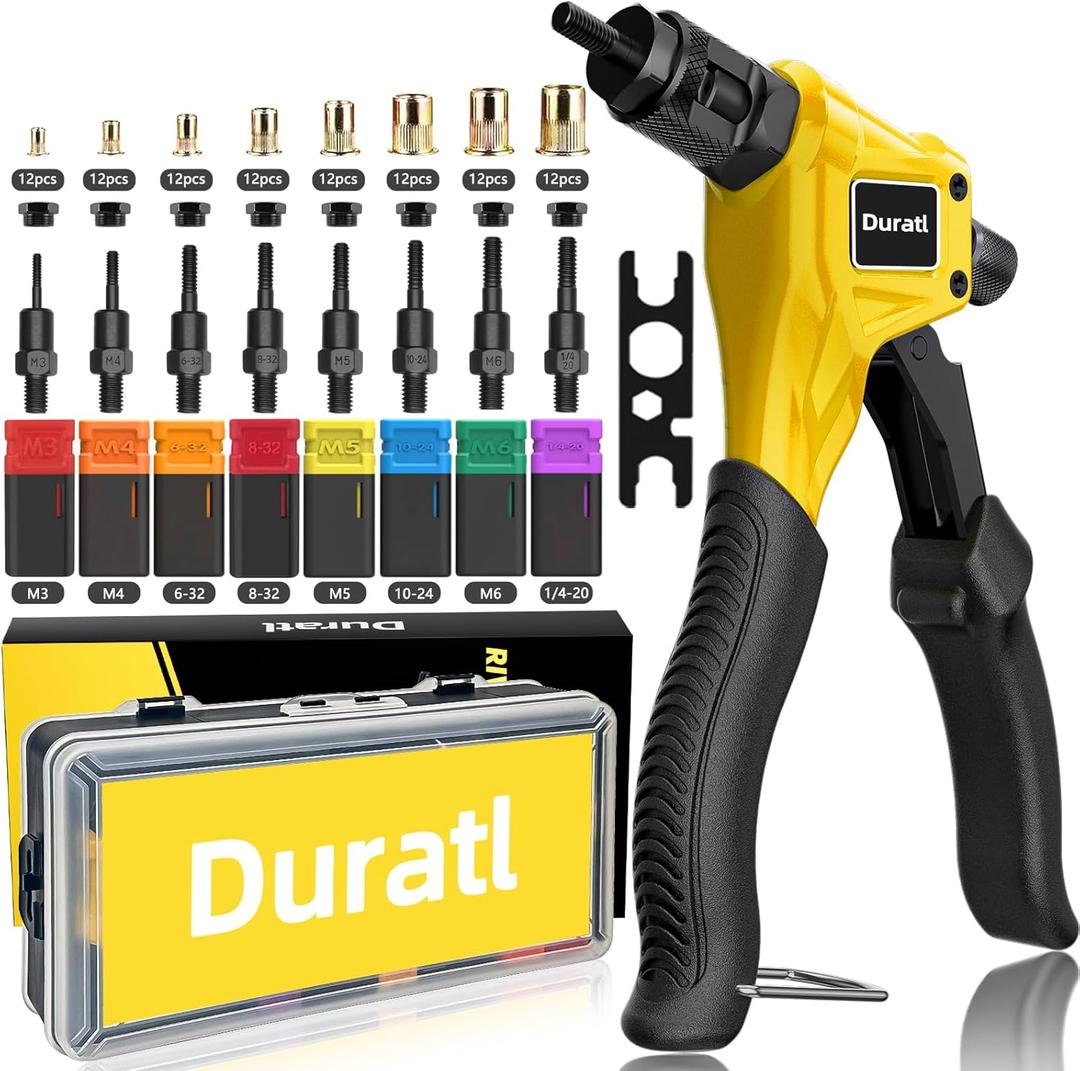 Rivet Nut Tool Kit, 8-Inch Hand Rivnut Tool for Tight Spaces, Nutsert Tool Kit with 96pcs Rivnuts, 8 Metric & SAE Mandrels (M3-M6, 6-32, 8-32, 10-24, 1/4-20), Durable Carrying Case Included (Yellow)
