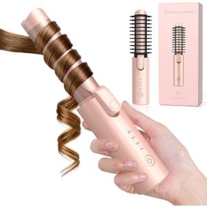Cordless Curling Iron Rechargeable, 3-in-1 Portable Hair Curler Straightener Brush, 7000mAh with 4 Temps, Anti-Scald & Anti-Frizz Mini Curling Wand for Travel Styling (Pink)