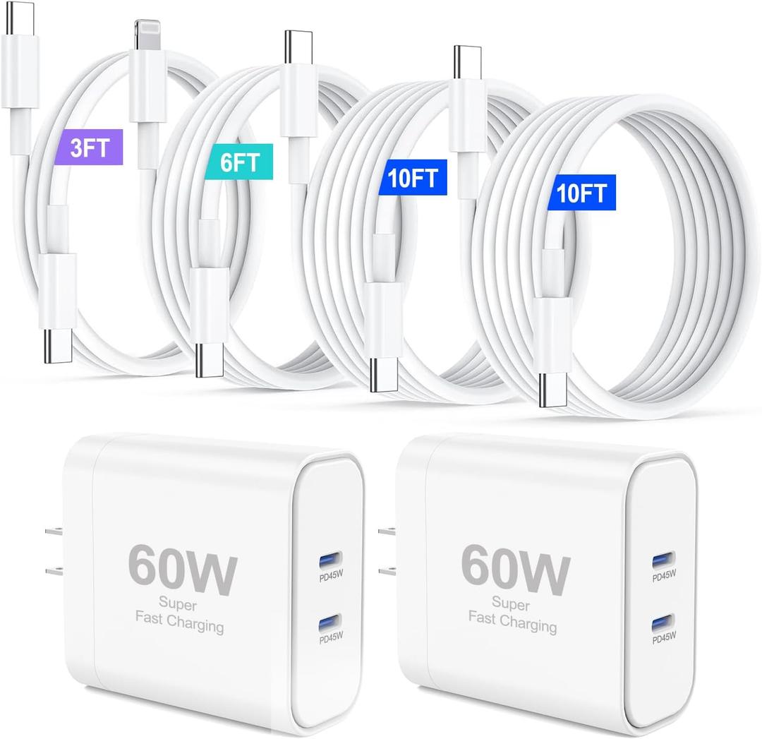 iPhone 17 Charger,45W Fast Charging Dual Port USB C Charger Block with 3/6/10/10FT Type C Charging Cable-PD Quick Adapter 3.0 for iPhone 17e/17/17 Pro/17 Pro Max/Air/16/15 Pro Max/Plus,iPad (White)