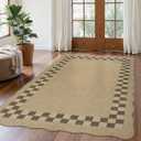 LIVEBOX Easy Jute Checkered Rug for Living Room, Scalloped Washable 5x7 Tan Rugs for Bedroom, Geometric Farmhouse Indoor Outdoor Non-Slip Rug Dining Room Mat Morden Carpet Area Rug for Office