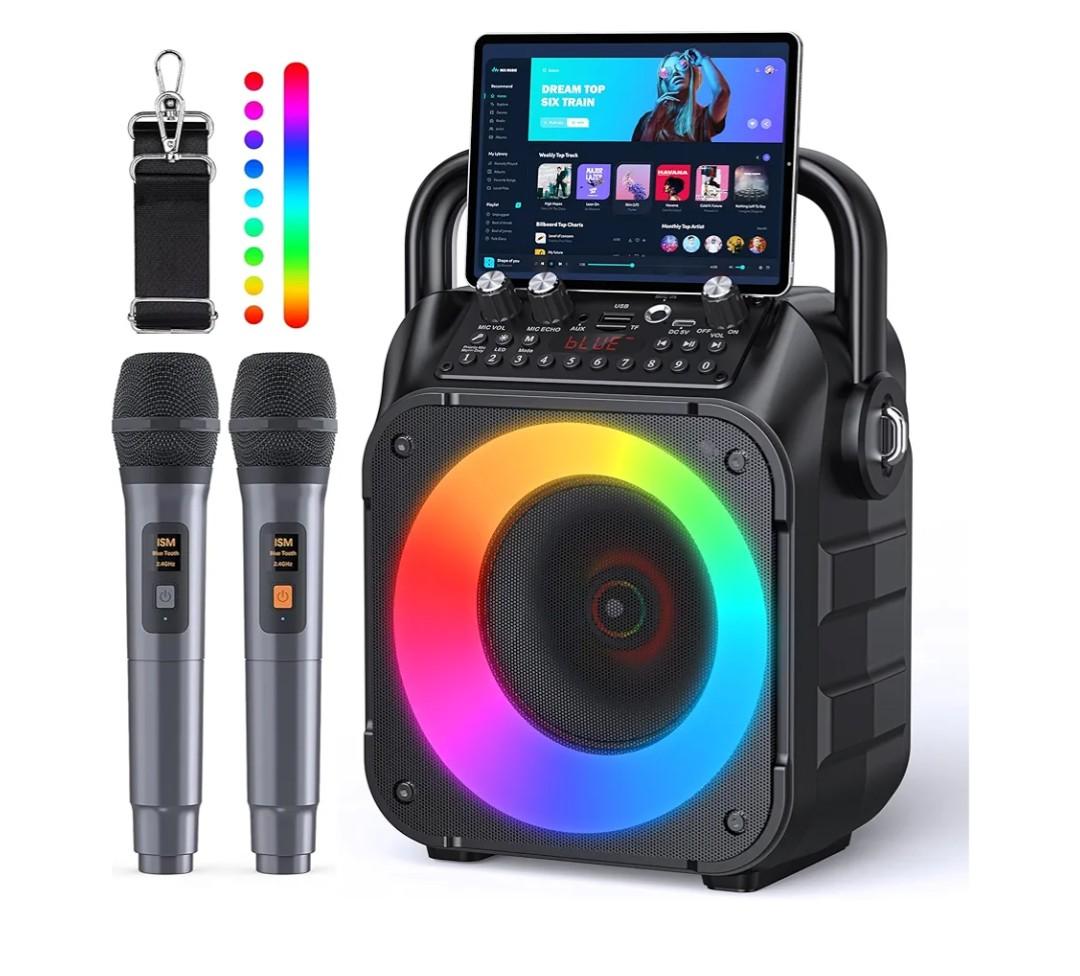 Karaoke Machine, Portable Bluetooth Speaker with 2 Wireless Microphones for Adults & Kids with Lights, Karaoke Microphone with PA System Supports USB/TF/REC/FM/AUX for Home Party Home System Packages