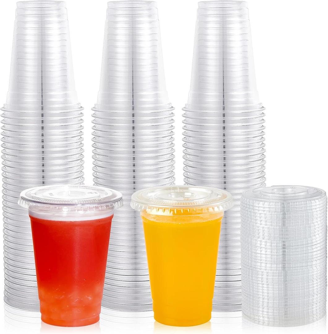 Lilymicky 200 Sets 10 oz Clear Plastic Cups With Flat Lids, 10 Ounce Disposable Drinking Cups for Smoothie, Slurpee, or Any Cold Drinks