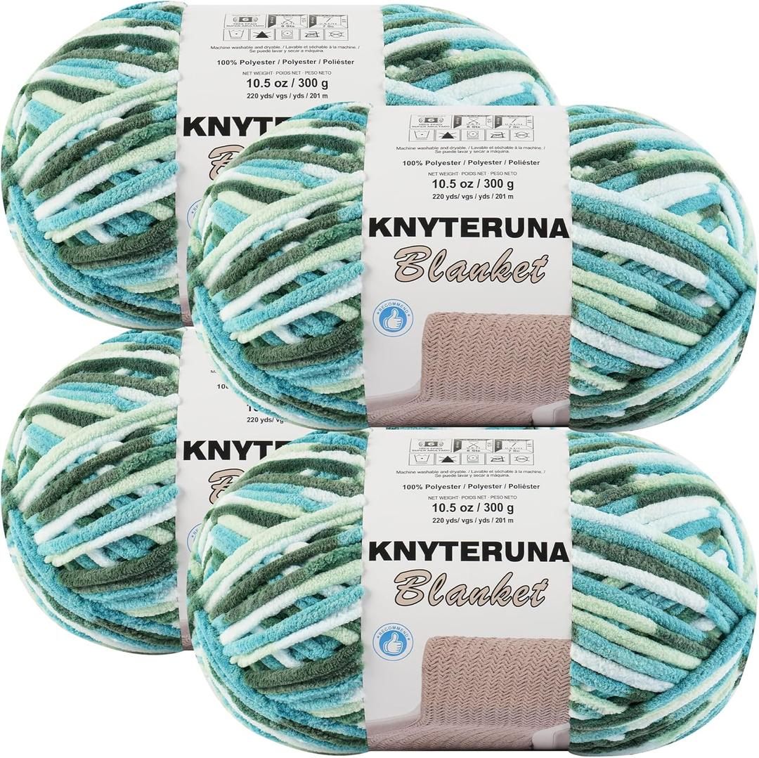 #6 Super Bulky Blanket Yarn for Crocheting - 4 Skeins(Each 10.5oz/300g, 220yds/201m), Chunky Chenille Thick Plush Big Soft Yarn for Crocheting Knitting Blankets, Forest & Teal & Sky & Mint (4 Pack Tie Dye)