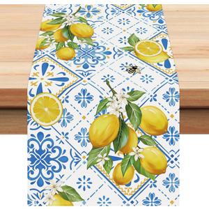 Bonhause Lemon Table Runner 13 x 72 Inch Italian Blue Tiles Lemons Summer Yellow Fruits Farmhouse Kitchen Dining Table Decoration for Indoor Outdoor Home Party Decor