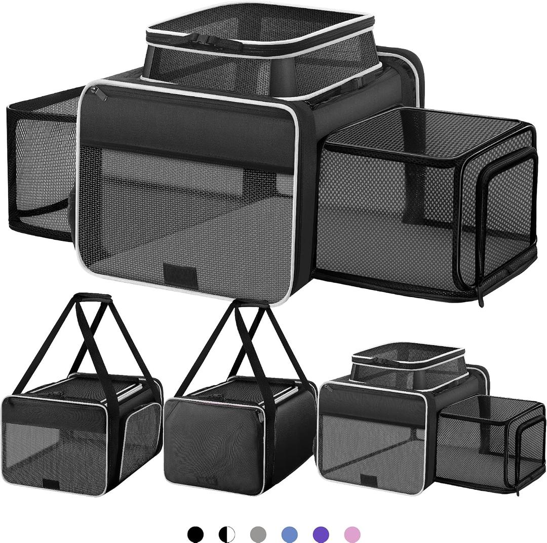 Top and 2 Sides Expandable Pet Carrier 17x11x9.5,TSA Airline Approved Small Dog Carriers for Small Dogs,Soft-Sided Cat Carrier with Self-Locking Zippers for Kitten,Rabbit,Puppy,Guinea Pig Black White