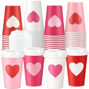 100 Pcs 12 oz Valentine's Day Coffee Paper Cups with Lids Valentines Paper Beverage Hot Chocolate Cocoa Cups for Birthday Wedding Anniversary Party Supplies