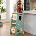 WOOD CITY Kitchen Step Stool - Safe Montessori Standing Tower for Kids with Safety Rail, Height Adjustable Toddler Ideal Helper for Learning New Skills, Anti-Slip Protection for Bathroom - Green