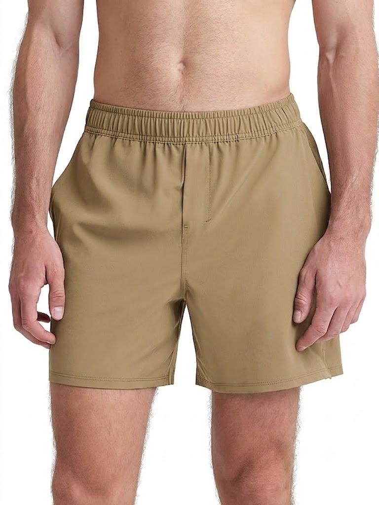 ODODOS Men's Athletic Shorts with Pockets 5" Quick Dry Lightweight Workout Gym Running Shorts, Tan, X-Large