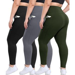 3 Pack Plus Size Leggings with Pockets for Women - High Waisted Tummy Control Spandex Soft Black Workout Yoga Pants