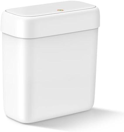 Small Bathroom Trash Can with Lid, 2.6 Gallons / 10 L Slim Plastic Garbage Bin with Pop-Up Lid, Mini Waste Basket Can Dog Proof for Kitchen, Bedroom, Office, Laundry, Toilet, Rv, White