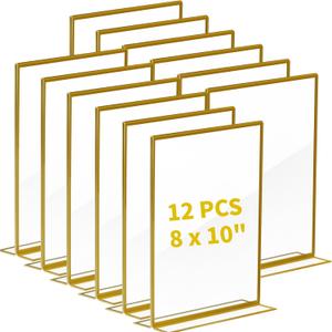 12 Pcs 8 x 10 Inch Gold Acrylic Sign Holder, Double Sided Picture Frames Clear Wedding Table Number Signs Holders for Restaurant Office Home  (8 x 10 Inch)