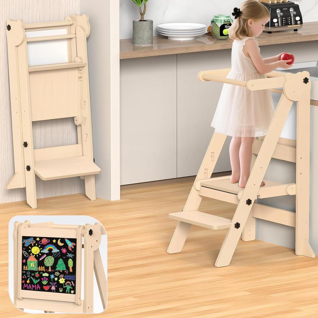 Foldable Toddler Tower, Wooden Toddler Kitchen Stool with 3 Adjustable Heights and Removable White/Blackboard, Montessori Foldable Learning Tower Kitchen Stool, Natural Wood