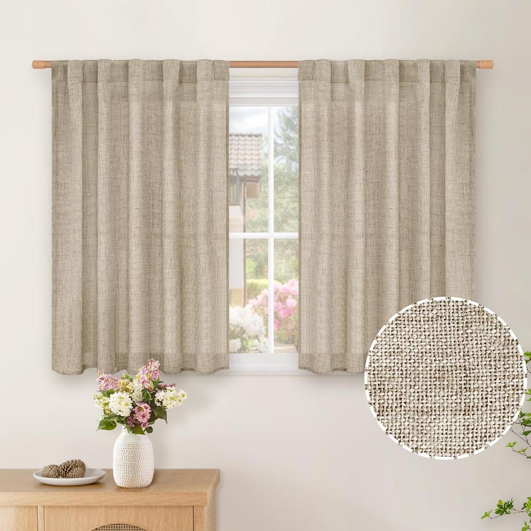 BGment Linen Curtains 36 Inch Length for Window 2 Panels, Rod Pocket Linen Textured Short Drapes Light Filtering Privacy for Bedroom Kitchen Cafe Back Tab, Dark Oatmeal, 42 X 36 Inch