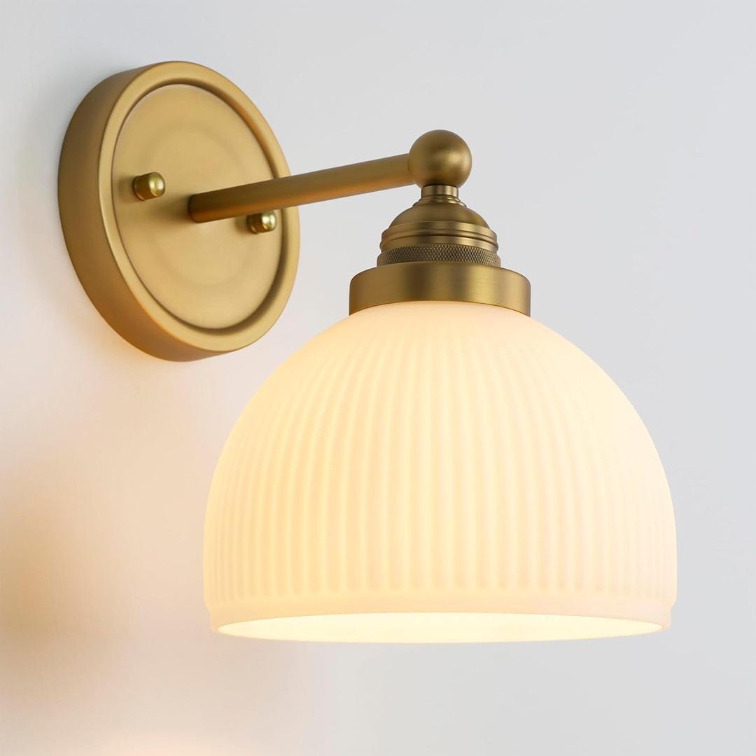 Vintage Wall Sconce 1-Light with White Striped Glass Globe Shade, Indoor Wall Mounted Lamp Fixture for Living Room Bedroom Kitchen Hallway