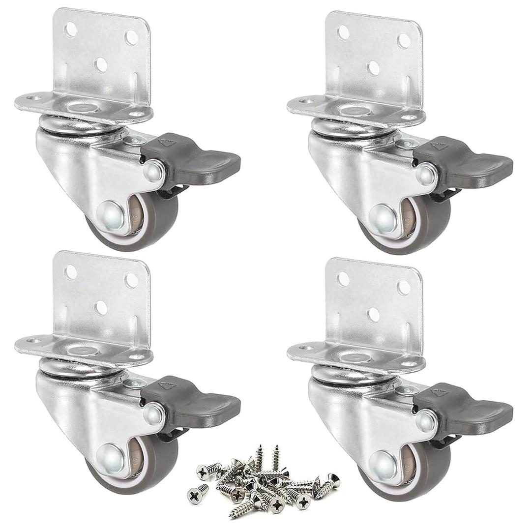 L-Shape Caster Wheels 1 Inch Low Profile Swivel Small Casters Set of 4 with Brakes, Side Mount Plate, Silent Ball Bearing Rolling Rubber Wheels for Furniture Cabinet Trundle Bed Tables
