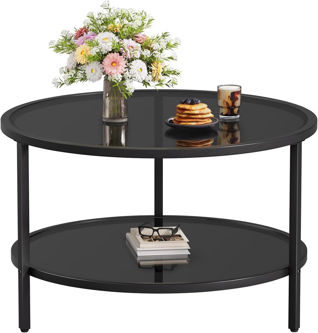 SAYGOER 27.6'' Round Coffee Table 2 Tier Black Glass Coffee Tables with Storage Shelf for Large or Small Space Modern Simple Sofa Table for Living Room Home Office, Easy Assembly