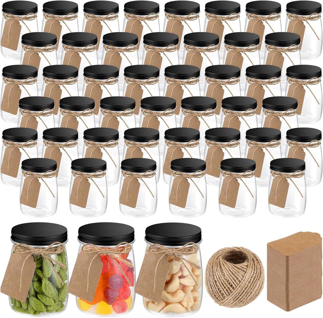 Nitial 50 Pack 5 oz Plastic Jars with Lids Bulk Yogurt Containers with Lids Gift Jars with DIY Craft Twine and Labels Gifts for Birthday Wedding Halloween Christmas Party Favor(Black,Aluminum Lid)