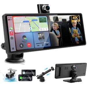 10.26" Wireless CarPlay Screen for Car with 180 Rotatable 4K Dash Cam & 1080P Backup Camera,Touchscreen Car Stereo with CarPlay & Android Auto, Mirror Link/Music Play/GPS Navigation