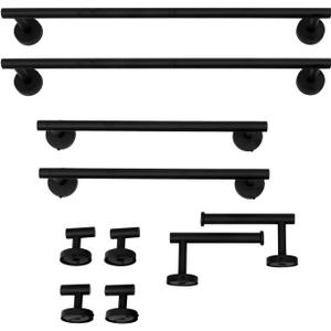 10Pcs Bathroom Hardware Set Stainless Steel Round Wall Mounted Towel Holder Set Bathroom Towel Bar Set (Black)
