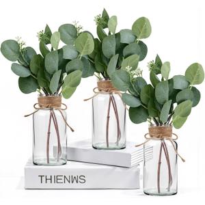 3 Glass Bud Vases 6.5 H, Mason Jars with 3 Fake Eucalyptus Centerpiece Vases with Hemp Rope for Weddings Parties Farmhouse Decor