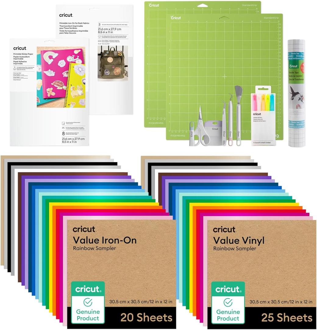 Cricut® All-in-One Materials & Accessories Bundle - Includes Vinyl, Iron-On HTV, Sticker Paper, Printable HTV, Tools, Mats, Pens, & More