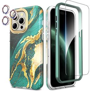 SHEDEER for iPhone 15 Pro MAX Case with Glitter Camera Protector & Screen Protector, Anti-Yellowing Chic Pattern, Shockproof Drop Protection Anti-Scratch Phone Cover 15 Pro MAX 6.7'', Dream Green