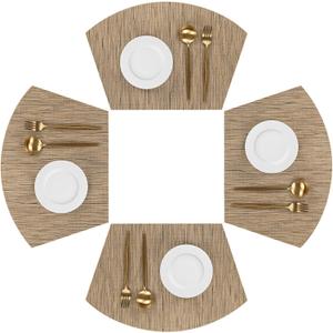 SHACOS Wedge Shape Placemats Set of 4 Woven Vinyl Placemat for Round Table Curved Place Mats Wipe Clean Kitchen Dining Table Mats (4, Tan)