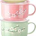 4 PCS 30 oz Soup Bowls with Lids and Handles, Microwave & Dishwasher Safe Hand Painted Ceramic Cute Ramen Bowls for Noodles, Porridge, Rice