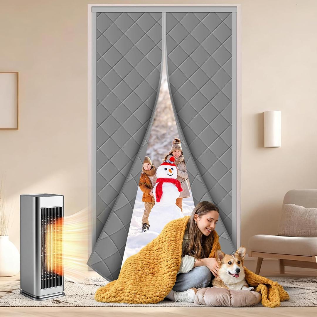 Thermal Door Curtain, Magnetic Insulated Draft Stopper, Windproof Doorway Curtain Cover 38x84 Fits Door Size 36x82, Temporary Insulation Cover for Summer Winter Doorways Gray