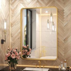 TETOTE Brushed Gold Bathroom Mirror, 24 x 32 Inch Metal Framed Mirror, Brushed Brass Rectangle Wall Mounted Golden Vanity Mirror (Horizontal/Vertical) (32"L x 24"W)