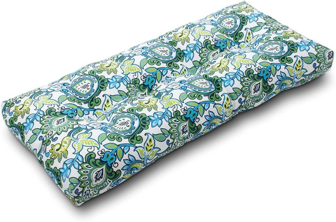 Magpie Fabrics Patio Bench Cushion 42"x18", Indoor/Outdoor Non-Slip Water Resistant Long Seat Pads, Tufted Loveseat Cushion for Swing, Settee, Window, Garden, Wicker, Front Porch, (Botanical Blue Green)