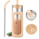 Kodrine 24oz Glass Tumbler with 2 Lids and Straws, Glass Cup With Bamboo Lid and On-the-go Lid, Reusable Iced Coffee Cup, Ideal for Smoothie, Cold Drinks, Fit Cup Holder, BPA Free(1, Amber)