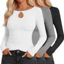 3 Pack Women's Long Sleeve Cutout Neck Keyhole Knit Shirts Slim Fit Stretchy Going Out Y2k Tops with Side Ruched (S)