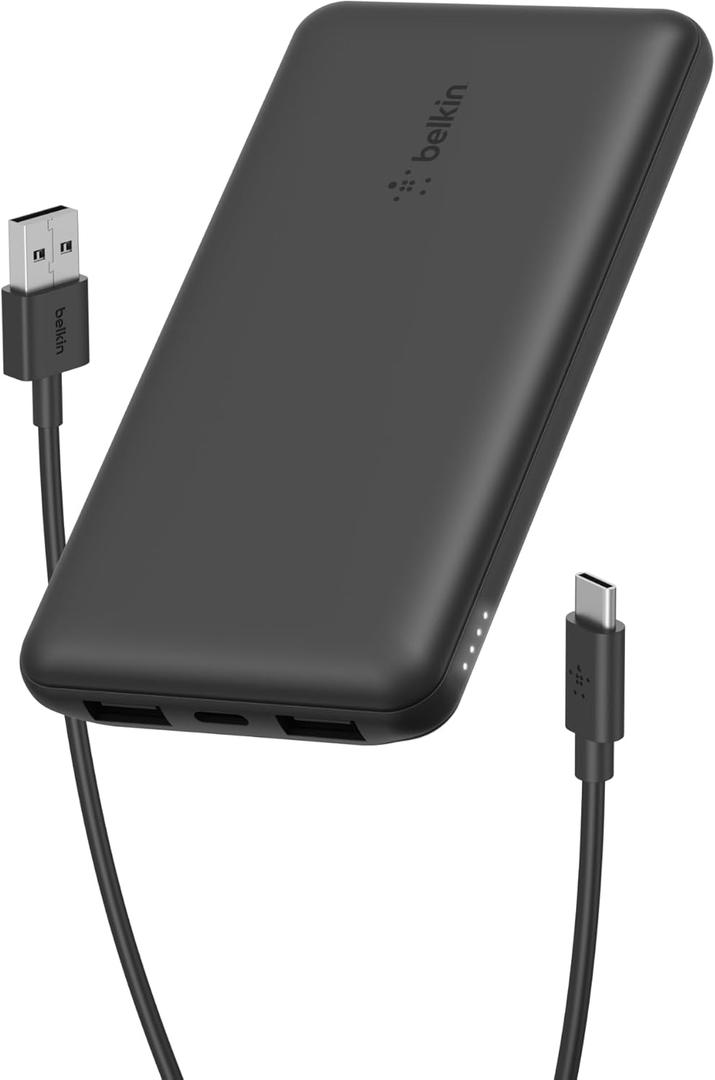 Belkin Portable Charger, USB-C Power Bank 10,000mAh w/ 2xUSB-A Ports, 15W w/ Type-C to Type-A Cable for iPhone 16, 16 Plus, 16e, Samsung Galaxy S25, Nintendo Switch 2, & More - Black